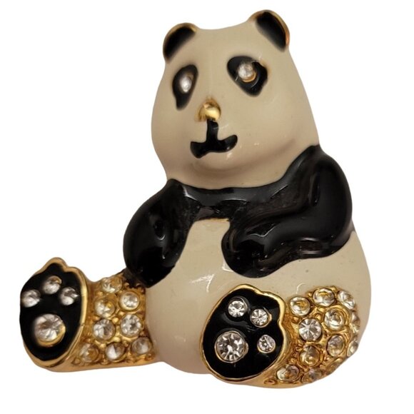 PEP Erwin Pearl Black White Enamel Clear Rhinestone Panda Bear Brooch Pin, E778 - Picture 2 of 8
